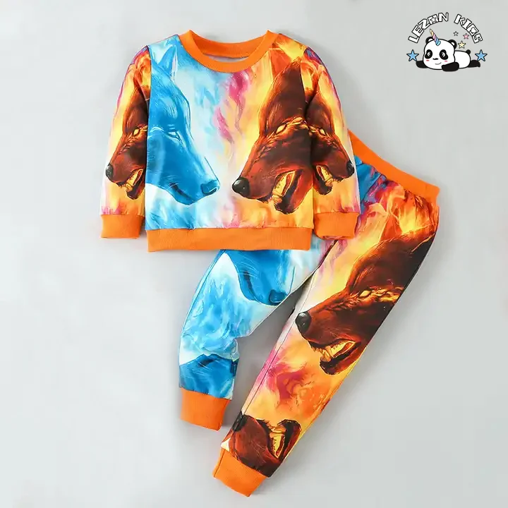 LEZONKIDS - Customizable Manufacture Animal Printing Cotton Fabric Design Boys Sweatshirt Set for 2 to 14T